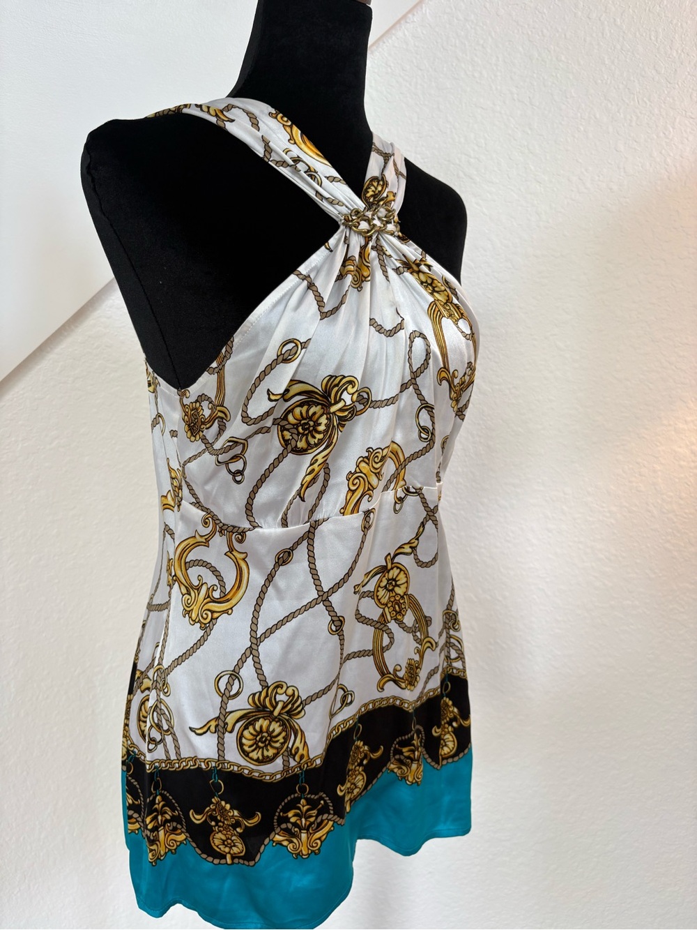 Cache White Gold and Teal Chain-Print Halter Camisole